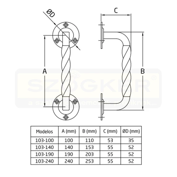 AMIG 103/20051 AJTÓHÚZÓ CSAVART 190*52mm FEKETE KOVÁCSOLT VAS JELLEGŰ