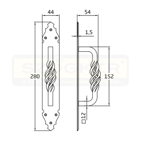 AMIG 104/6491 AJTÓHÚZÓ CSAVART-DÍSZ 280*45mm FEKETE KOVÁCSOLT VAS JELLEGŰ