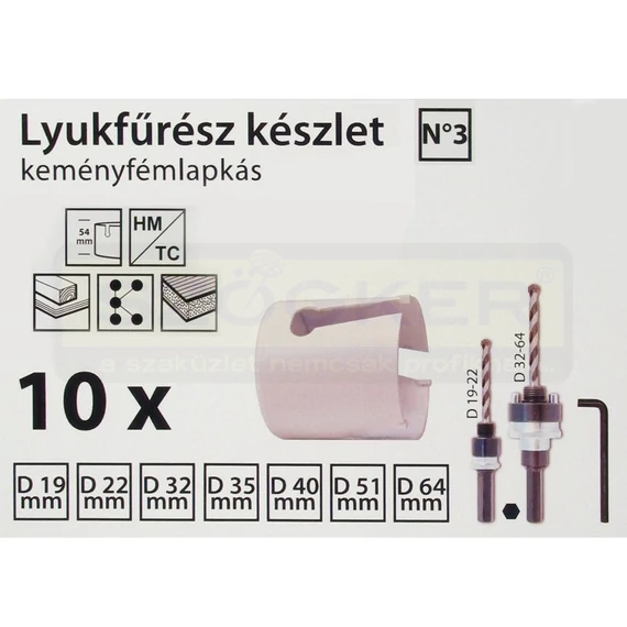 LYUKFŰRÉSZ KLT 10DB-OS HM No3 19-64mm+2DB ADAPTER+IMBUSZ IMPORT