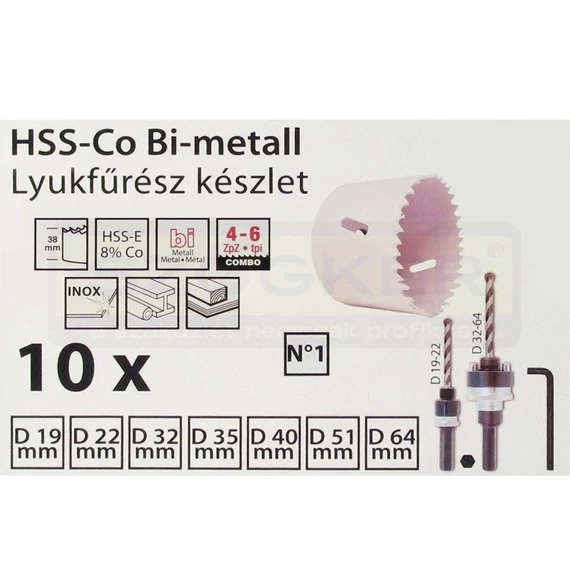 LYUKFŰRÉSZ KLT 10DB HSS-CO No1 19-64mm+2DB ADAPTER INOXHOZ IS IMPORT