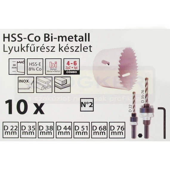 LYUKFŰRÉSZ KLT 10DB HSS-CO No2 22-76mm+2DB ADAPTER INOXHOZ IS IMPORT
