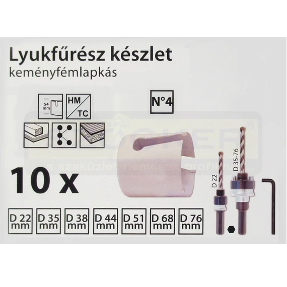 LYUKFŰRÉSZ KLT 10DB-OS HM No4 22-76mm+2DB ADAPTER+IMBUSZ IMPORT