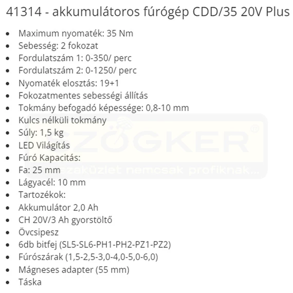 FÚRÓGÉP 20V CDD/35 20V PLUS, 1DBAKKU 2.0Ah F.F.GROUP 41314