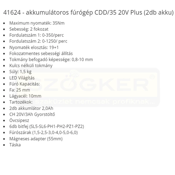 FÚRÓGÉP 20V CDD/35 20V PLUS, AKKU 2.0AhX2 F.F.GROUP 41624 UTOLSÓ DARAB