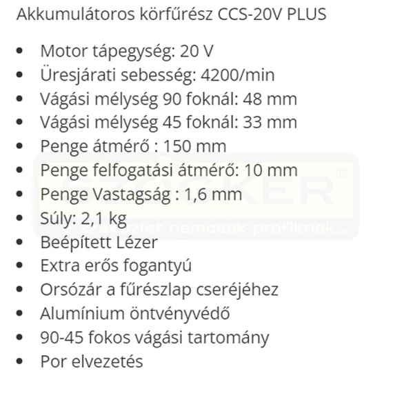 KÖRFŰRÉSZ AKKUS 20V CCS-20V PLUS, LAP: D150 mm F.F.GROUP 41319 UTOLSÓ DARAB