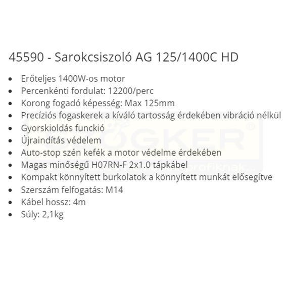 SAROKCSISZOLÓ 1400W D125mm AG 125/1400C HD F.F.GROUP 45590