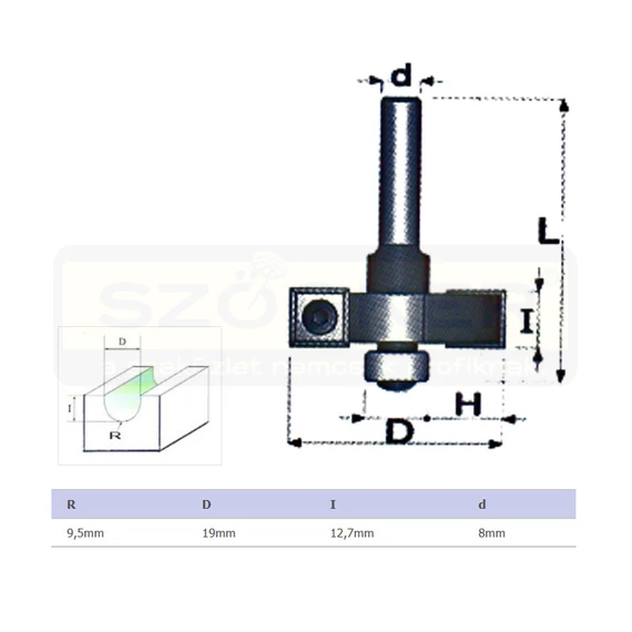 FELSŐMARÓ FÉLKÖR D19*12,7 R9,5 D08mm SZÁR HSS FAIPARI MASSIVETOOLS 061903