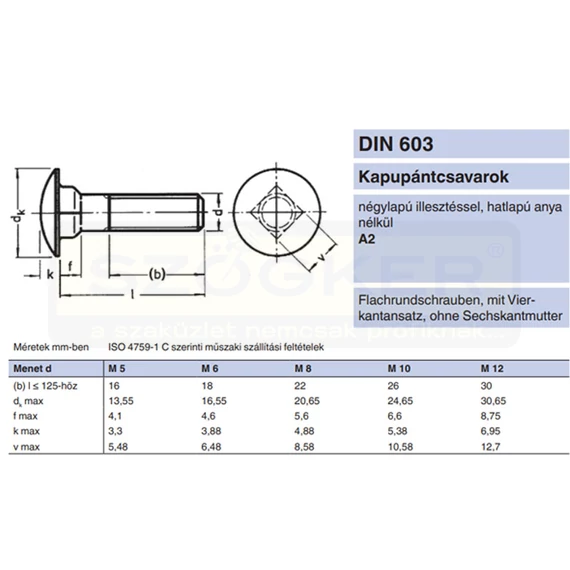 KAPUPÁNTCSAVAR M05*020(16) DIN 603-A2 INOX