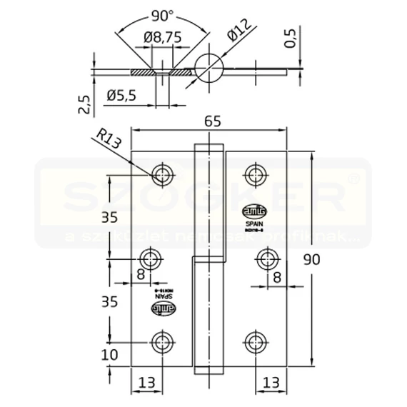 AJTÓPÁNT SZÖGLETES 90*65*2,5mm INOX BAL/IZDA MHA 477