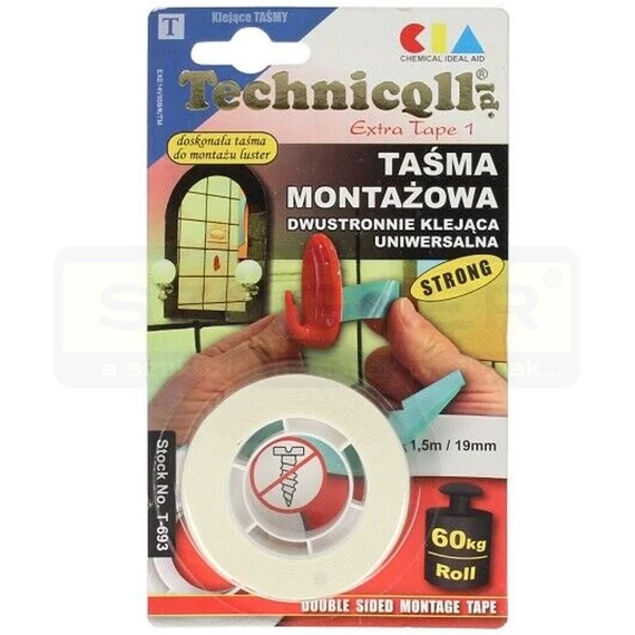 KÉTOLDALAS RAGASZTÓSZALAG 1,5M*19mm MONTÁZS RAGASZTÓ TECHNICOLL T-693 UTOLSÓ DB-OK