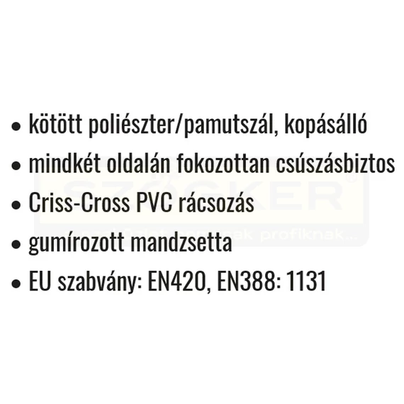 VÉDŐKESZTYŰ KÖTÖTT PAMUT 10 CSÚSZÁSBIZTOS CRISS-CROSS RÁCS COVERGUARD 4500