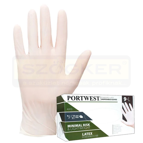 VÉDŐKESZTYŰ LATEX  9/L PÚDEREZETT 100DB/CSOMAG PORTWEST PW-A910WHRL
