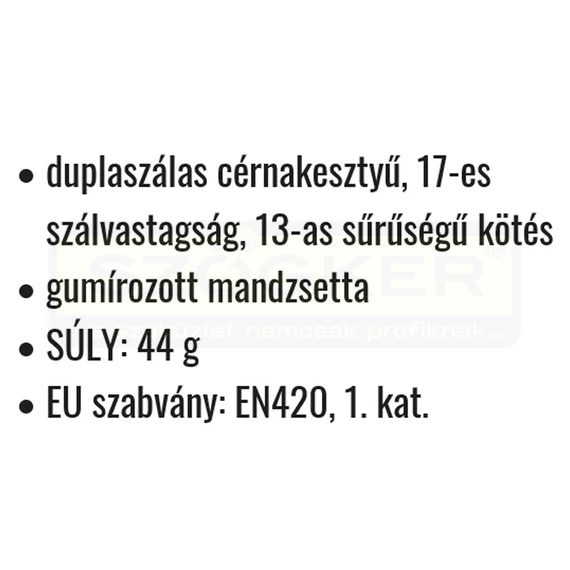 VÉDŐKESZTYŰ PAMUT FFI FEH.9-10 DUPLASZÁLAS CÉRNA,GUMIS CSUKLÓ COVERGUARD 4305