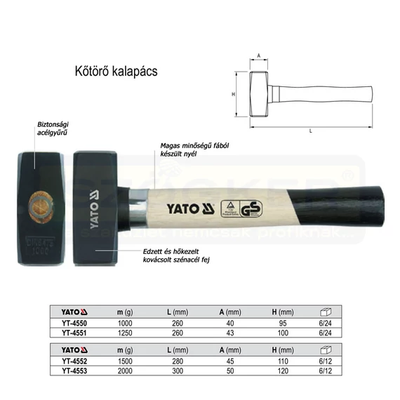 YATO 4550 KŐTÖRŐ KALAPÁCS-RÁVERŐ 1.00 KG FA NYÉLLEL LAPOS-LAPOS