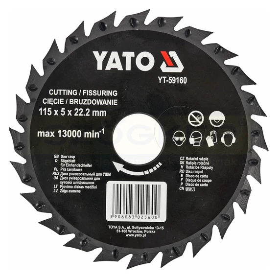 YATO 59160 UTOLSÓ DARAB! KÖRFŰRÉSZTÁRCSA D115*22/24FOG FÁHOZ, PVCHEZ, GIPSZHEZ