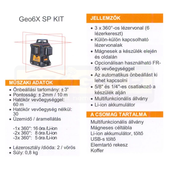 GEO FENNEL 534100 UTOLSÓ DARAB KERESZTLÉZER ÖNBEÁLLÓ VÖRÖS GEO6X SP 30M HATÓTÁV 3LÉZERS.