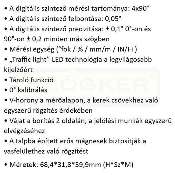 VÍZMÉRTÉK DIGITÁLIS LEJTÉSMÉRŐ 0.1°PONTOSSÁG GREEN LINER GLM