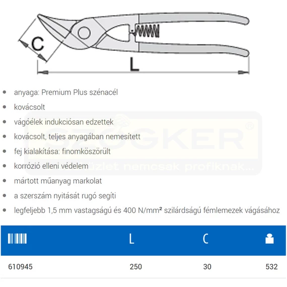 UNIOR 610945 LEMEZOLLÓ 250mm 568L/7P BALOS