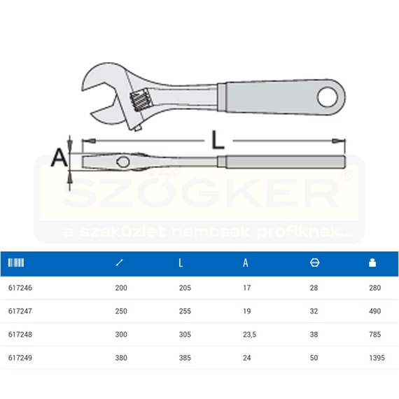 UNIOR 617247 ÁLLÍTHATÓ VILLÁSKULCS 250mm 250A MŰANYAG NYÉL FRANCIA