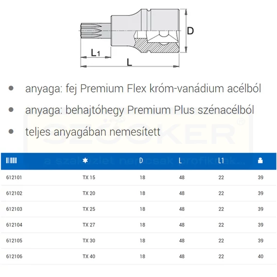 UNIOR 612102 DUGÓKULCS BEHAJTÓHEGY TORX 236/2TX /20 3/8col