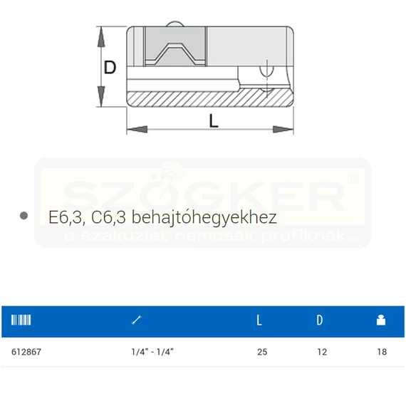 UNIOR 612867 DUGÓKULCS ADAPTER 1/4c-1/4C 1/4C-os bitr 188.9 BELSŐ-BELSŐ