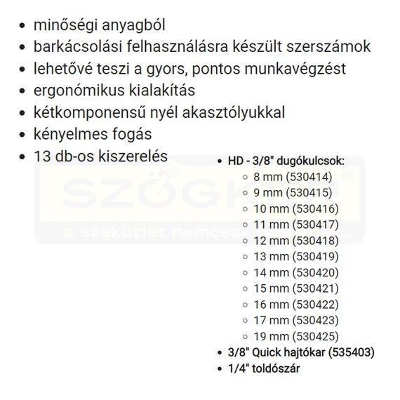 DUGÓKULCS KÉSZLET 13részes 3/8col, 8-19 HARDEN HD-510015