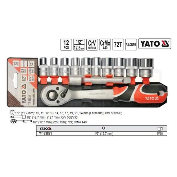 YATO 38821 DUGÓKULCS KÉSZLET 10-24/12részes 1/2col CrV CrMo