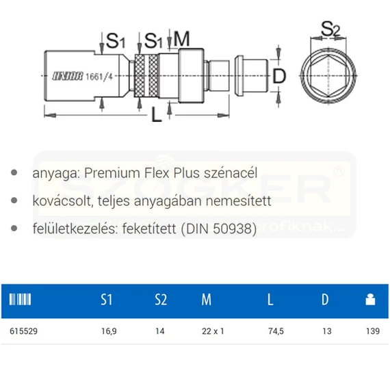 UNIOR 615529 HAJTÓKAR LEHÚZHATÓ KULCCSAL 1661/4 14mm
