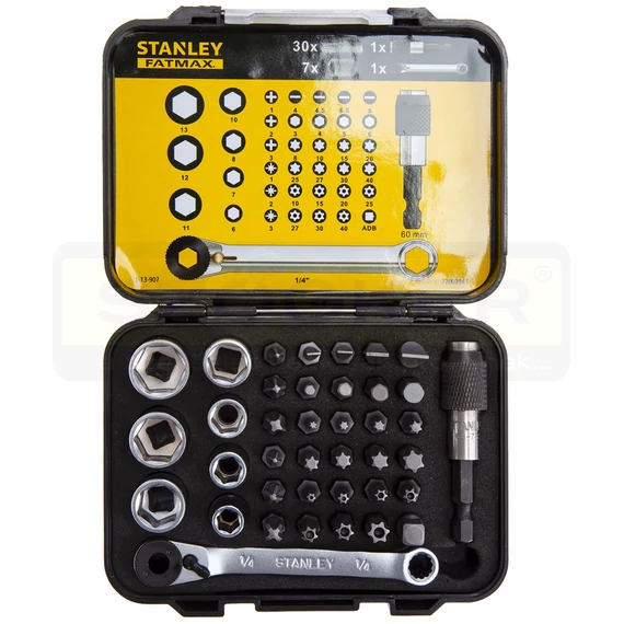 STANLEY 113907 BEHAJTÓHEGY KÉSZLET 39 RÉSZES 1/4col 7FEJ+30BIT+2SZÁR