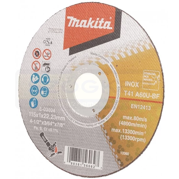 MAKITA E-03034 VÁGÓKORONG INOXHOZ D115*1.0Q 22LYUK A60U-BF T41 LAPOS