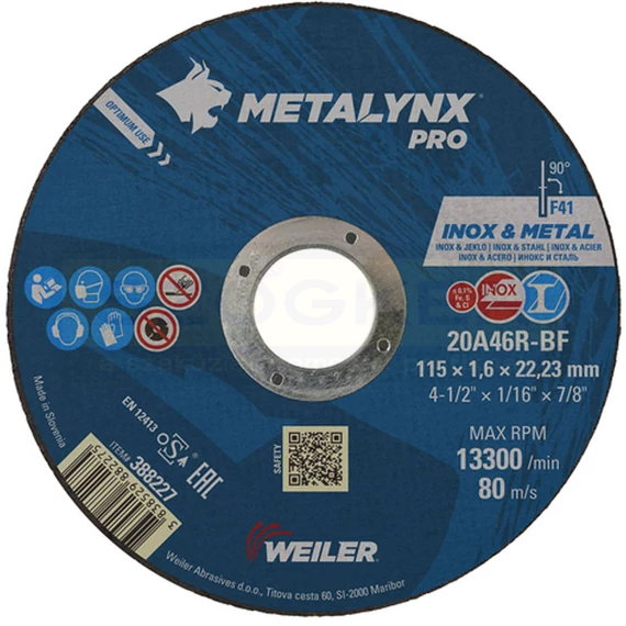 VÁGÓKORONG INOX-ACÉL D115*1.6 22LYUK 20A46R-BF METALYNX PRO 388227
