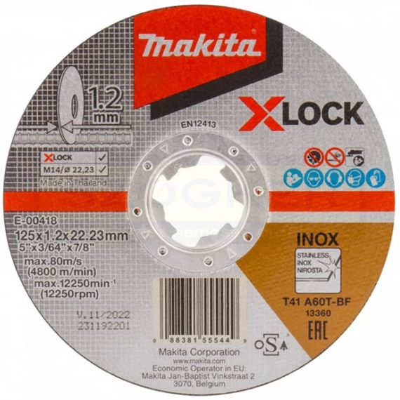 MAKITA E-00418 VÁGÓKORONG INOXHOZ D125*1.2 XLOCK GYORSBEFOGÁS A60T-BF T41