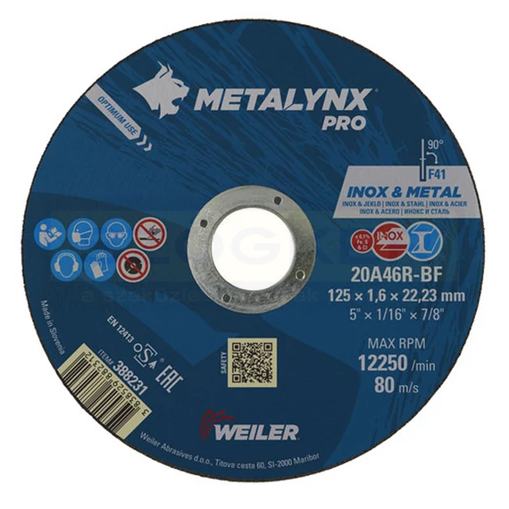 VÁGÓKORONG INOX-ACÉL D125*1.6 22LYUK 20A46R-BF METALYNX PRO 388231