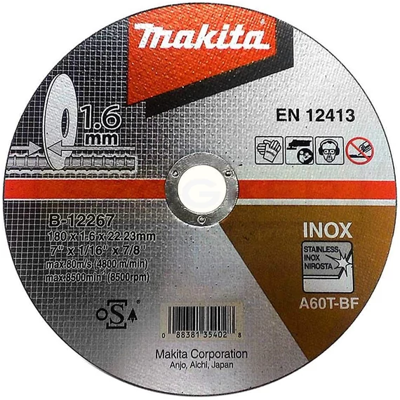 MAKITA E-13758 VÁGÓKORONG INOXHOZ D180*1.6Q 22LYUK A60T-BF