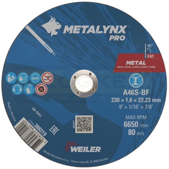 VÁGÓKORONG ACÉL D230*1.6Q 22LYUK A46S(T)-BF METALYNX PRO 388219