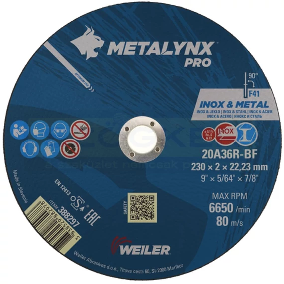 VÁGÓKORONG INOX-ACÉL D230*2.0Q 22LYUK 20A36R-BF METALYNX PRO 388297