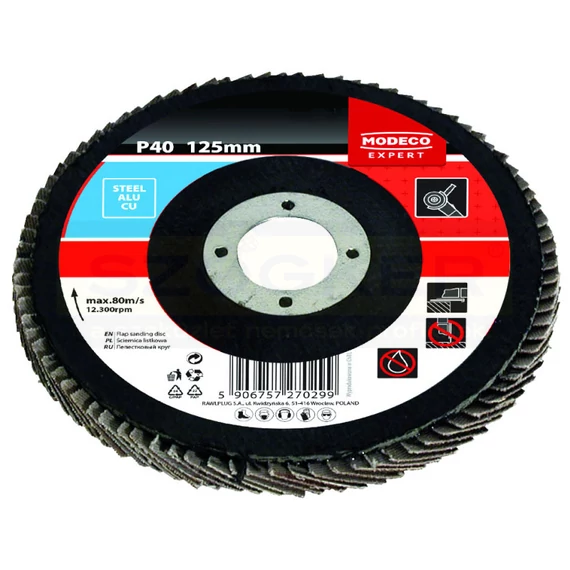 MODECO 68821 LAMELLÁS CSISZOLÓTÁRCSA KÚPOS D125 P40 ACÉL-ALU-VÖRÖSRÉZ