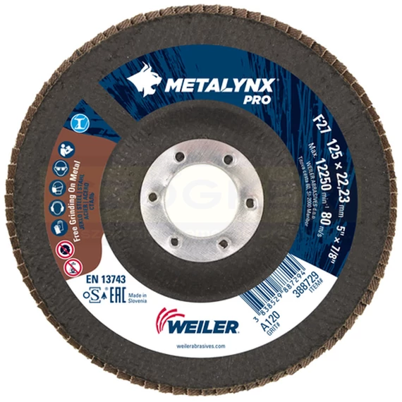 LAMELLÁS CSISZOLÓTÁRCSA LAPOS D125P120Z LAMOFLEX INOX F27 METALYNX PRO 388729