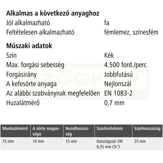 WOLFCRAFT 2726000 KÖRKEFE D75/D6mm NYLONSZÁLAS FINOMSZEMCSÉS