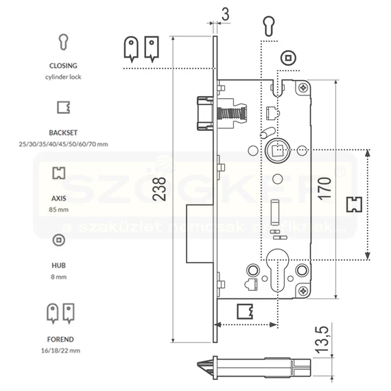ZÁRTEST BEVÉSŐ CILINDERES 70/85/22/8 KEREK SR. ELŐLAP AGB B808527003 SICUREZZA 2.0