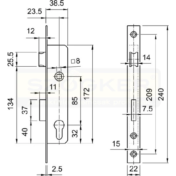 EUROELZETT G570A62820 ZÁRTEST PORTÁL 40mm VÁLTÓS CIL.25/90/22/8 RETESZ NYELVVEL