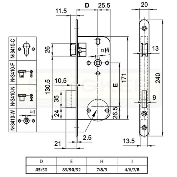 EUROELZETT N°3410N ZÁRTEST DOSE 2DB SIMA KULCS 90/45/20/8 SZÖGLETES ELŐLAP