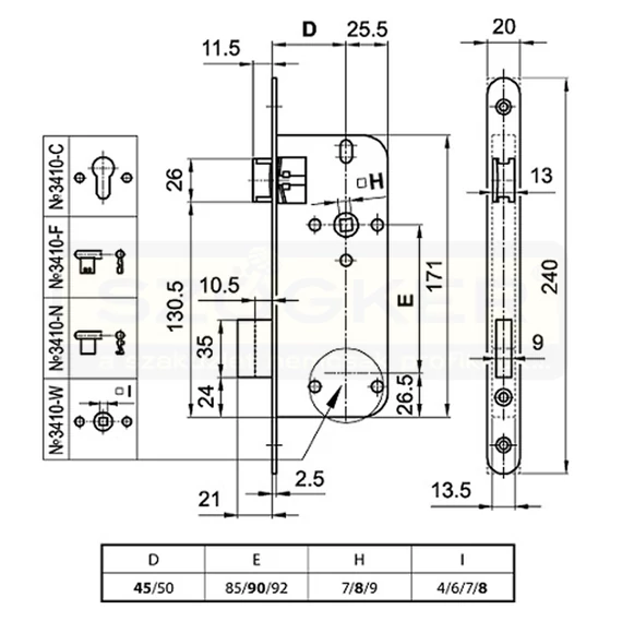 EUROELZETT N°3410-F ZÁRTEST DOSE 2DB FAZONOS KULCS 90/45 SZÖGL ELŐLAP VISSZACS.ZL