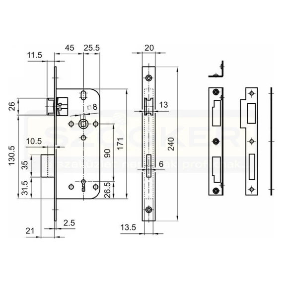 EUROELZETT N°3411-F ZÁRTEST BEVÉSŐ 2DB KULCS 90/45/20/8 DOSE V.NYELV SZÖGL.