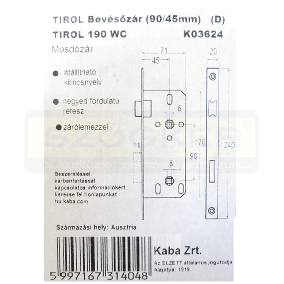 ZÁRTEST BEVÉSŐ WC(MOSDÓ) 45/90/20/8/8 GEGE KEREK ELŐLAP DORMAKABA TIROL190W