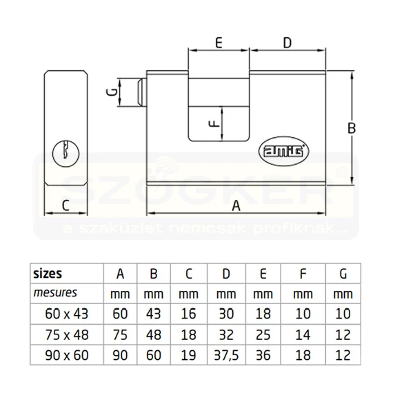 AMIG 200/3095 U-LAKAT (REDŐNYLAKAT) 60mm SÁRGARÉZ 2DB KULCCSAL
