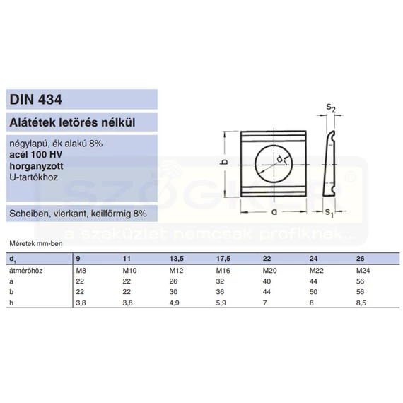 U-ALÁTÉT M16(D18) DIN 434 HG. IMPORT