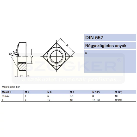 NÉGYSZÖG STANDARD ANYA M10 DIN 557 A2 INOX