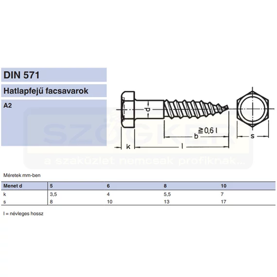 ÁLLVÁNYCSAVAR HLF D8*50 DIN 571 A2 INOX FACSAVAR