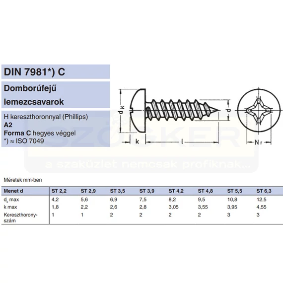 LEMEZCSAVAR DFKH D4.8*50 DIN 7981 A2 INOX PH